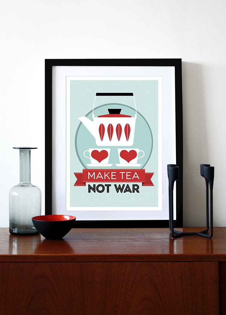 Kitchen art Catherineholm poster print - Make Tea Not War - A3 red Mid Century Modern retro kitchen tea