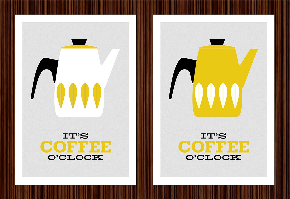 Cathrineholm poster print - It's Coffee O'clock - A3 print - Yellow on grey gray background- Cathrineholm Mid Century Modern home kitchen