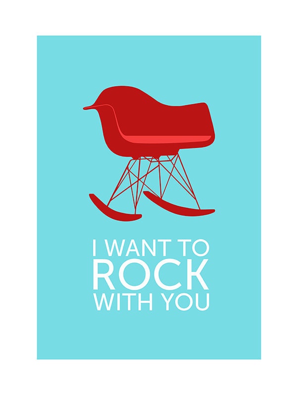 Eames poster print Mid Century Modern retro Herman Miller rocker chair nursery kitchen art office - I Want To Rock With You Red 50 x 70cm
