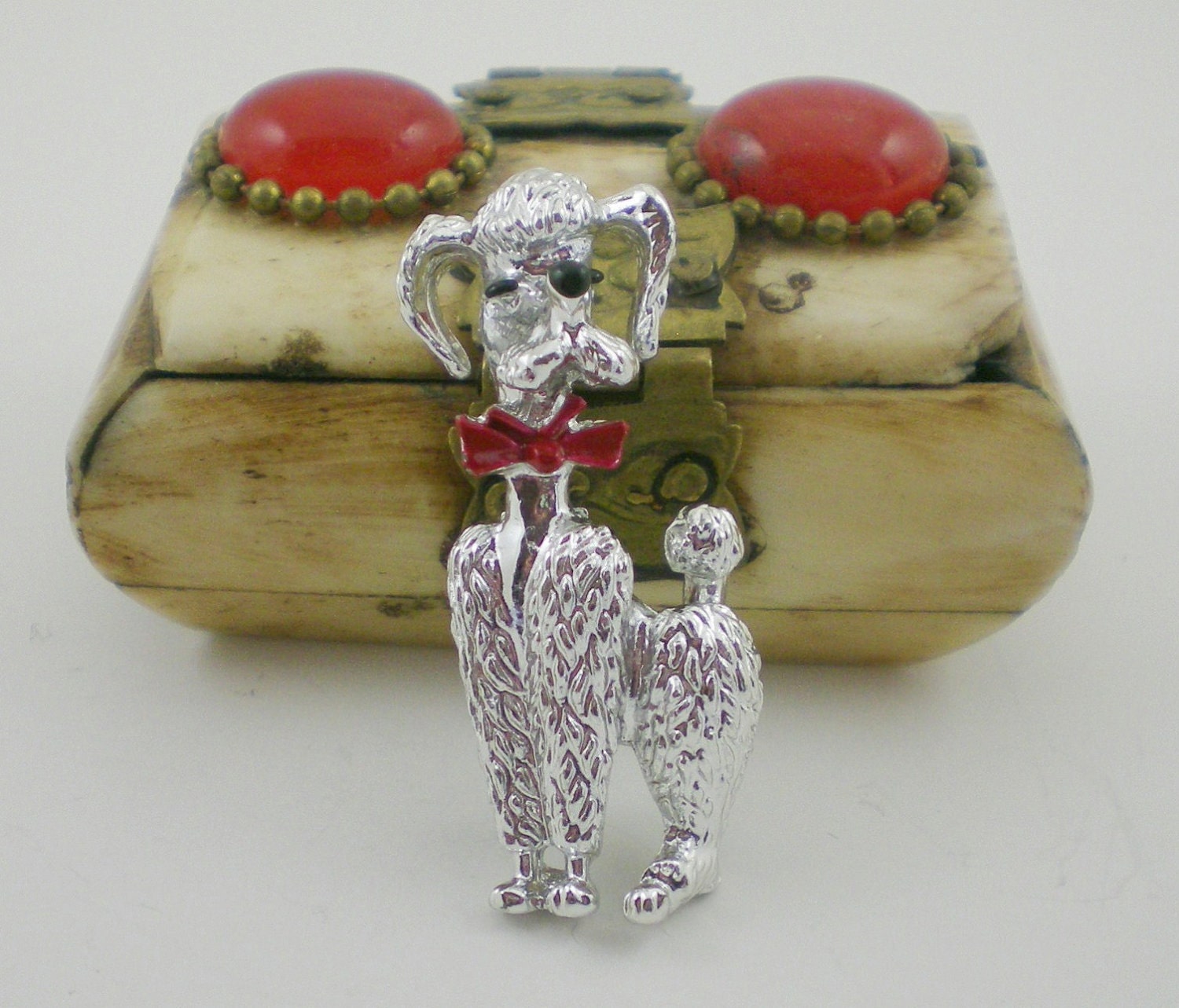 Poodle Dog Brooch Silver Enamel Vintage Pin