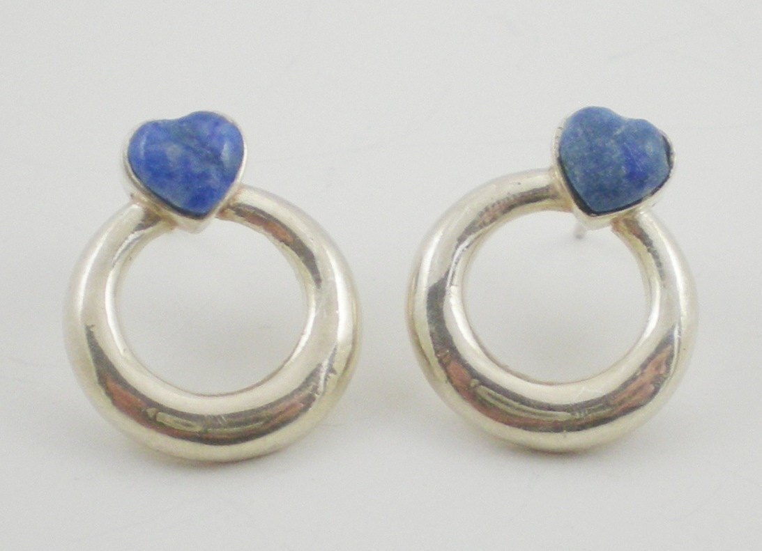 Sterling  Sodalite  Heart Earrings Pierced Vintage