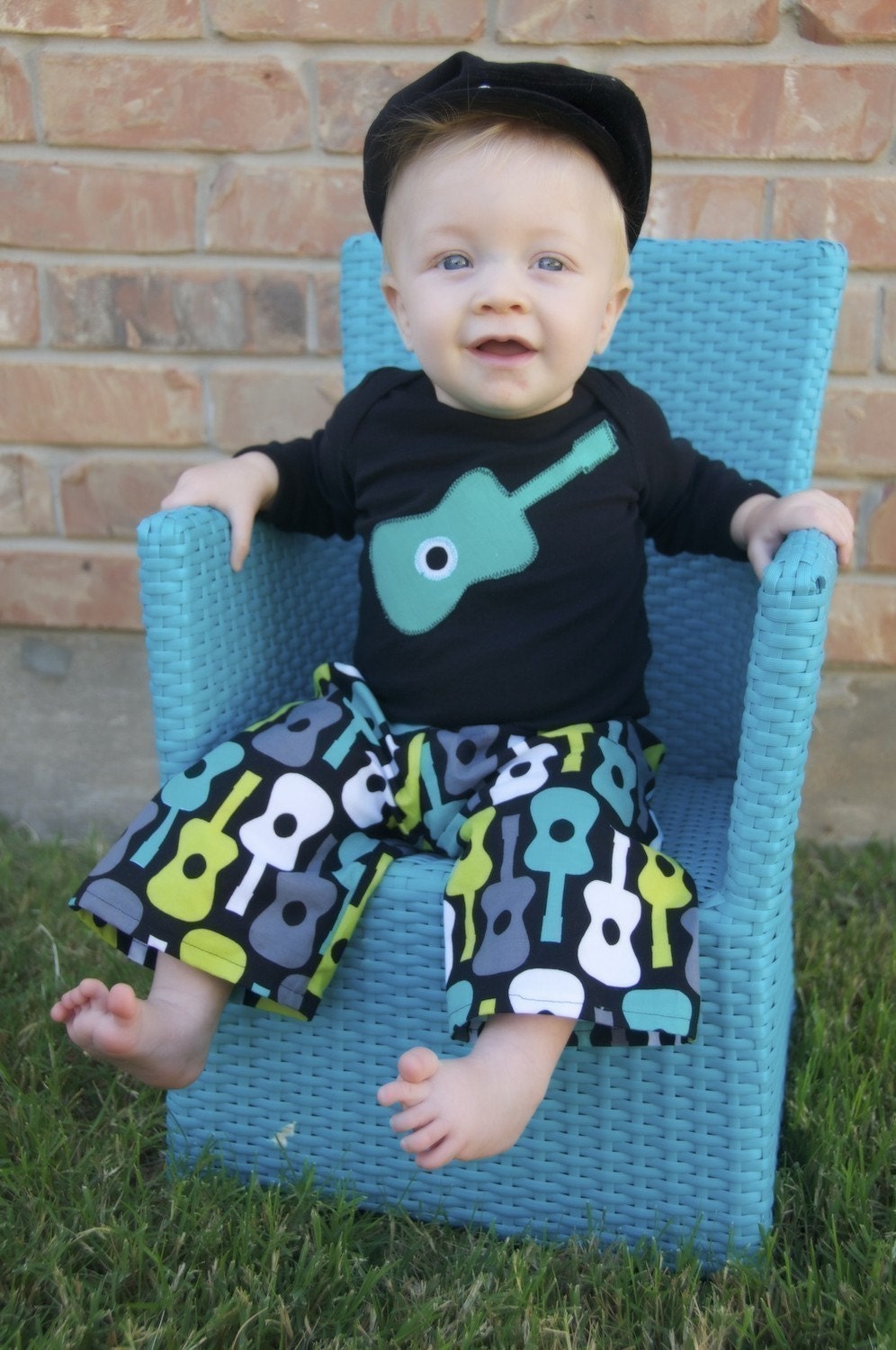 Boys Outfit - Rock N Roll Guitar Set - Shirt and Pant Set - Black Blue Teal Green - Boys Pant outfit - Toddler - Baby - Boy