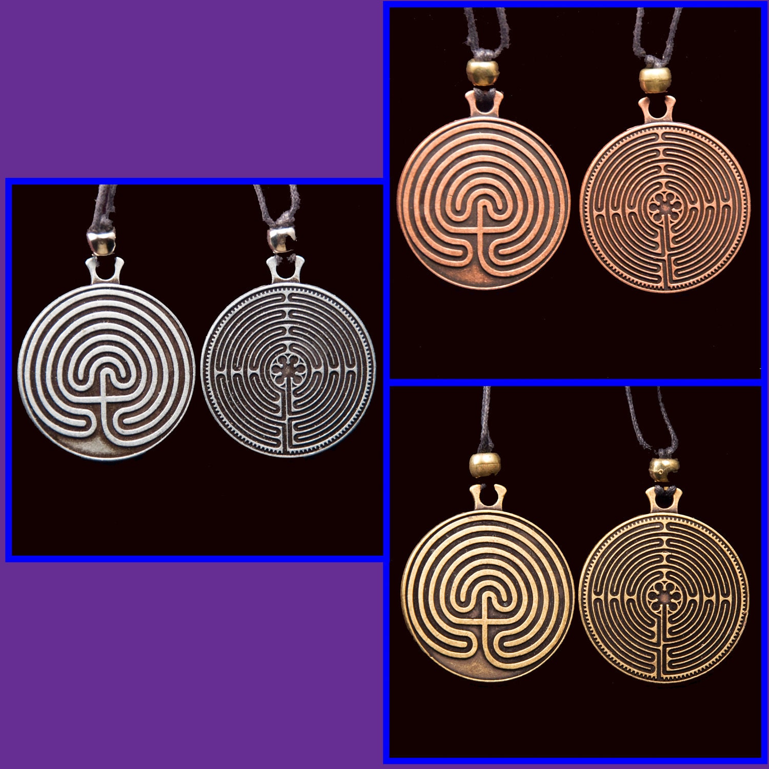 3 Labyrinth Pendants- Pewter Tone, Copper Tone, Gold Tone- sale - SALE - sale - SALE - sale - SALE - sale