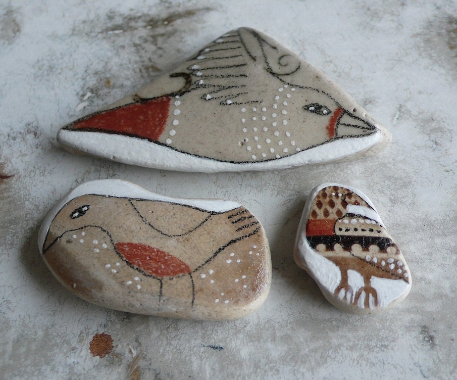 Red and Tan Beach Pottery Collection of Three - Birds