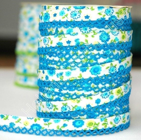 Bias Tape -  Blue Floral Cotton and Lace Double Fold