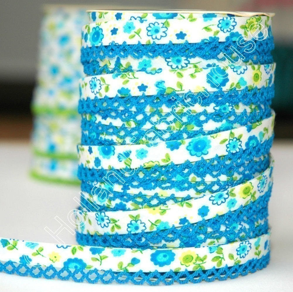 Bias Tape -  Blue Floral Cotton and Lace Double Fold