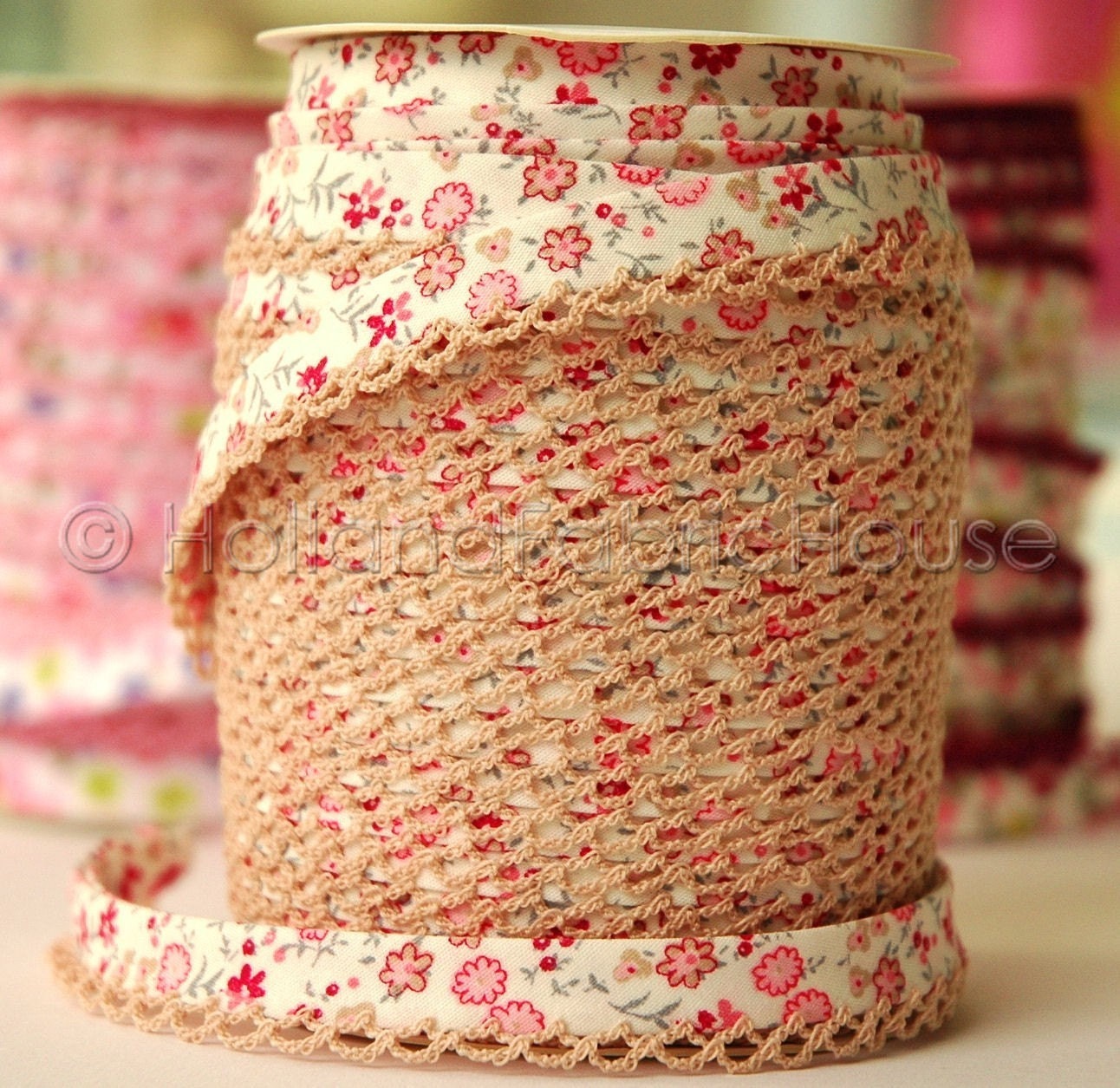 Petite Flowers in Pink Cotton and Lace Double Fold Bias Tape