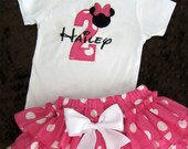 Sassy Pants Ruffle Diaper Cover and Bodysuit or T shirt Appliqued Number Minnie Mouse Monogram Hot Pink Polka Dots