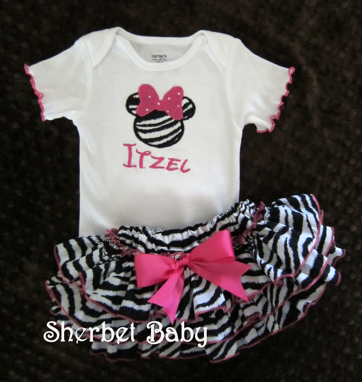 Sassy Pants Ruffle Diaper Cover Bodysuit or Shirt Appliqued Minnie Mouse Zebra and Hot Pink