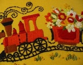 A Train Load Of Cheerful Flowers Brightly Framed Vintage Crewelwork Stitchery