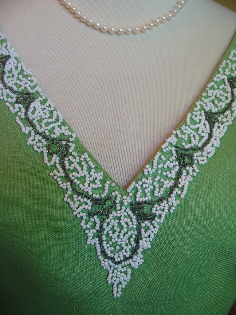 Classic Dress Vintage Green Sleeveless  Beaded Neckline Reminiscent of Jackie O