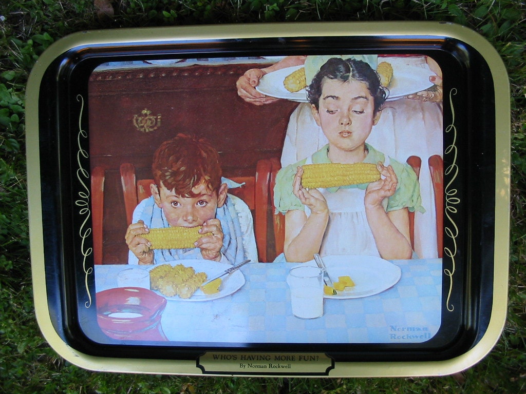 Vintage Norman Rockwell Tray Whos Having More Fun Kids Eating Corn On The Cob