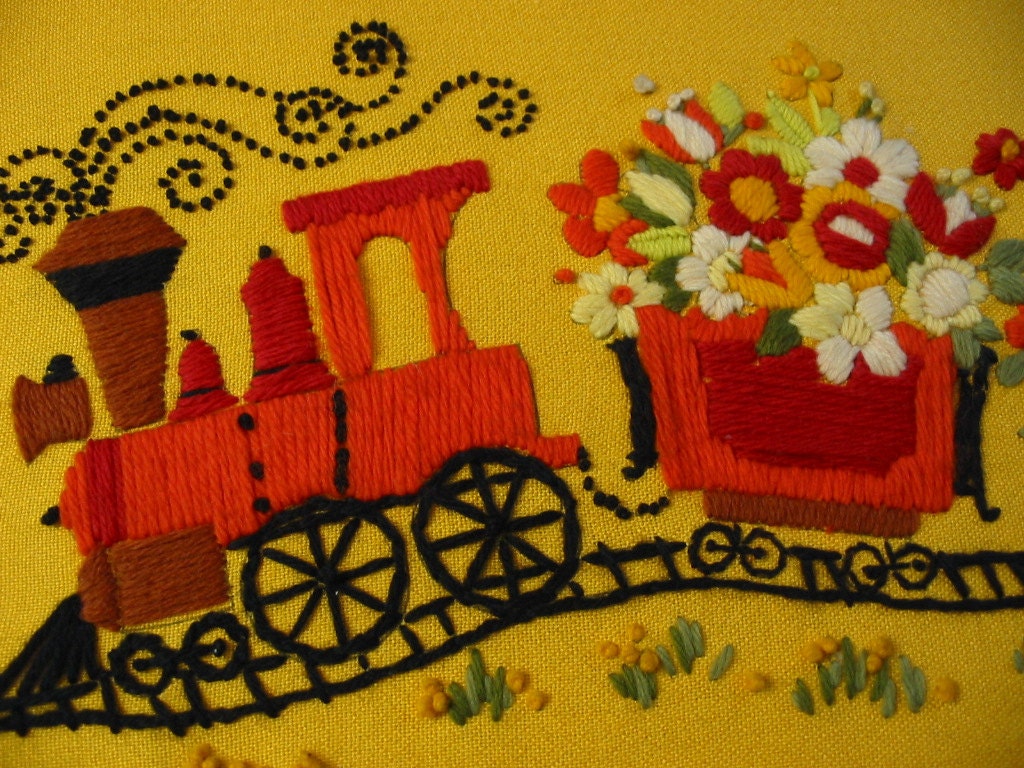 A Train Load Of Cheerful Flowers Brightly Framed Vintage Crewelwork Stitchery