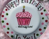 Hand Painted Personalized Birthday Plate . Happy Birthday To You - Frosted Cupcake with Sprinkles - Unique Personalized Birthday Gift