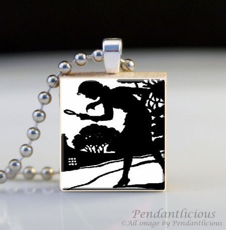 FREE CHAIN - Scrabble Tile Pendant - Black and White Nancy Drews Silhouette