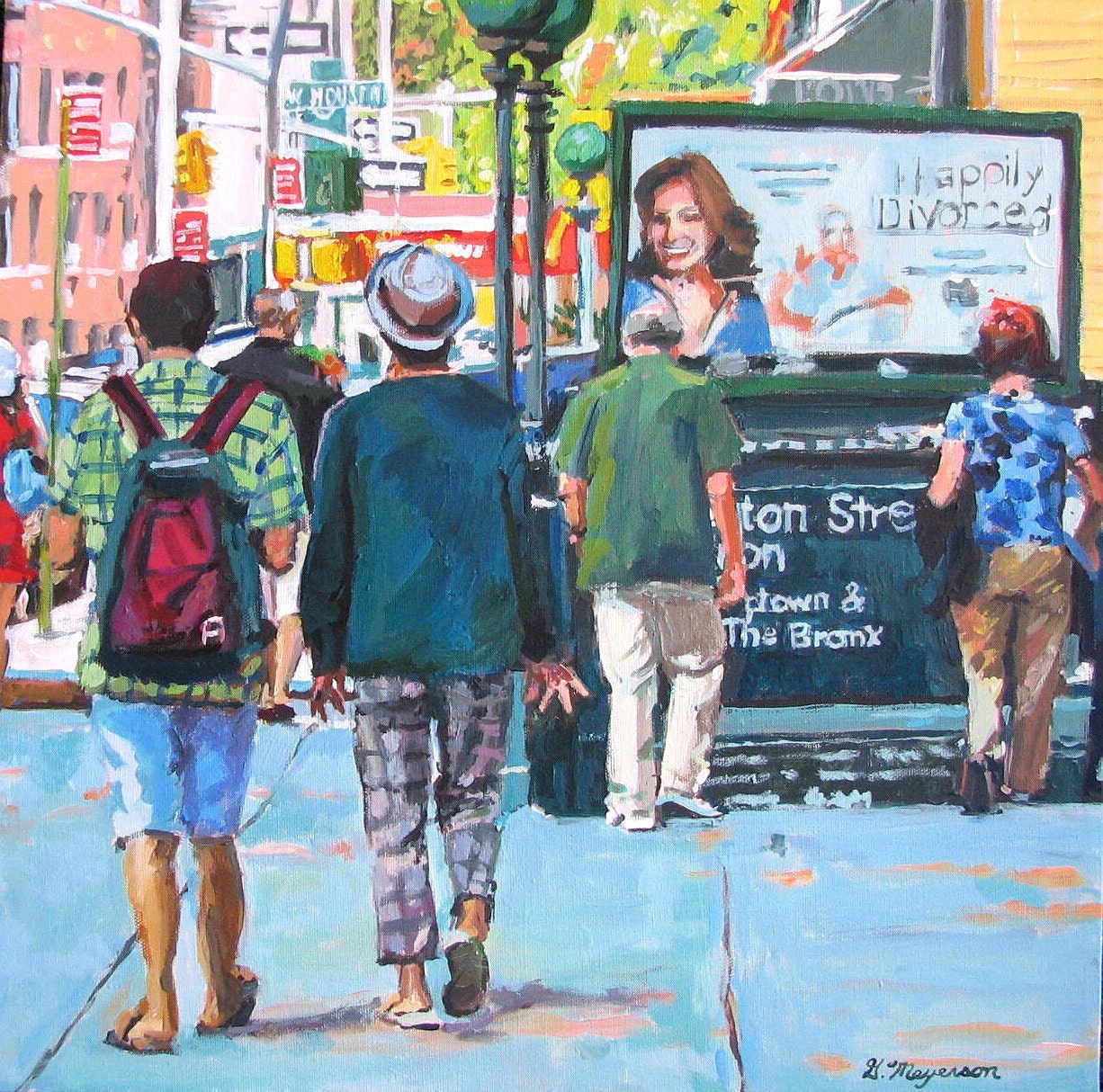 Framed Original Cityscape Spring Painting. SoHo Subway Station, New York City NYC aqua blue green Urban Fine Art. Gwen Meyerson