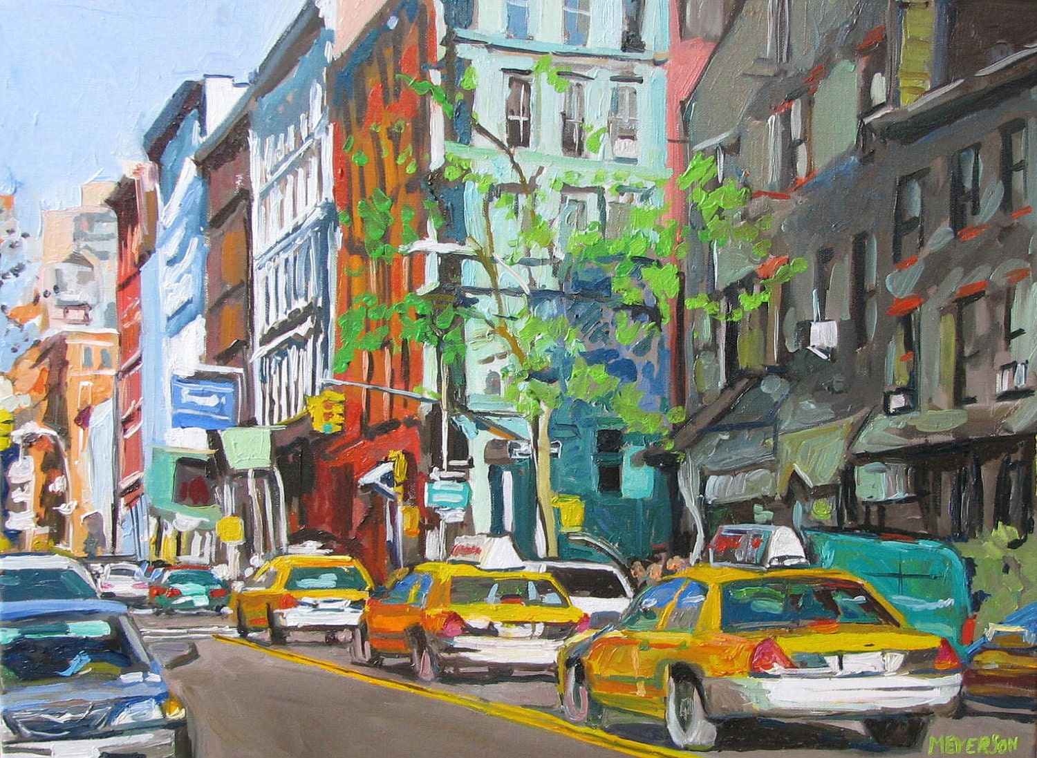 NYC Fine Art Print Cityscape Painting 8x10, "West Side Cabs" mint green yellow New York City Urban Painting by Gwen Meyerson