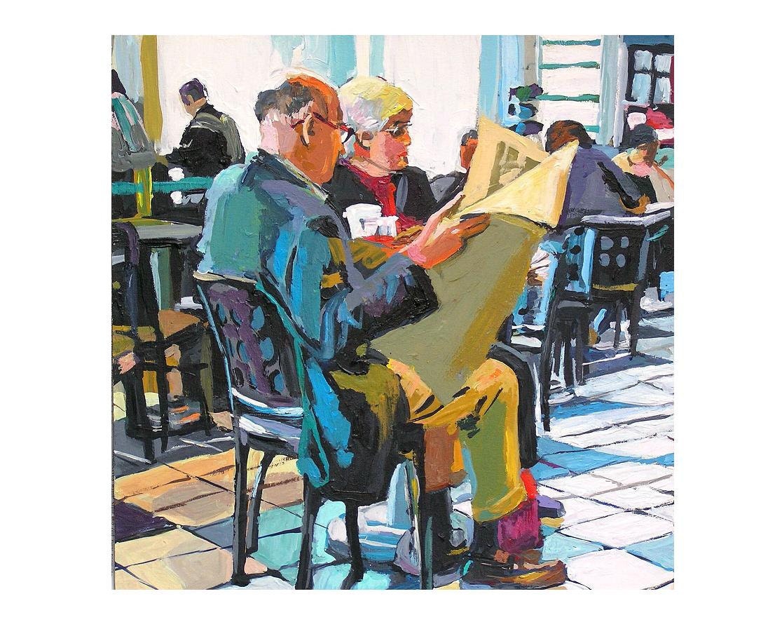 Fine Art Print 8x8, Man Reading A Newspaper, blue yellow mustard  Painting by Gwen Meyerson