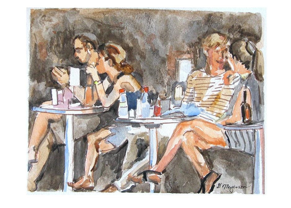 Spring Cafe Watercolor 8x10 Print of Painting, Cafe Scene, black brown peach by Gwen Meyerson