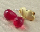 Red Quartz  Earrings Gold Heart Chalcedony Gemstone Earrings Post Earrings Valentines Day Gift  - SweetHeart