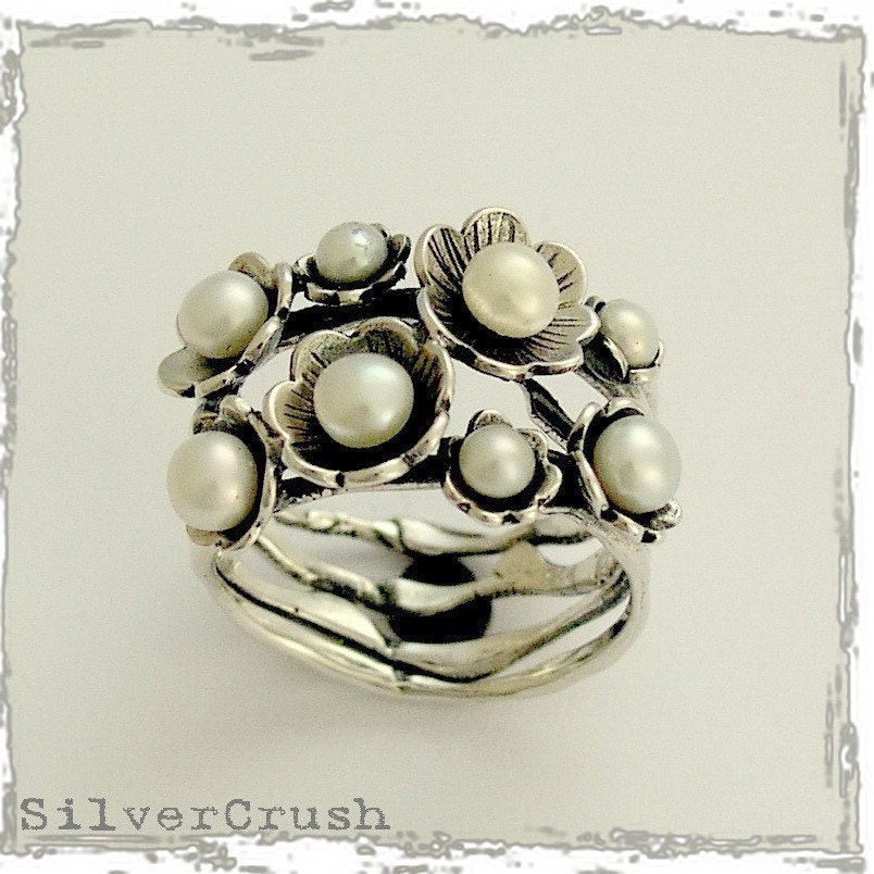 Floral sterling silver botanical ring with fresh water pearls, June birthstone - Clueless .
