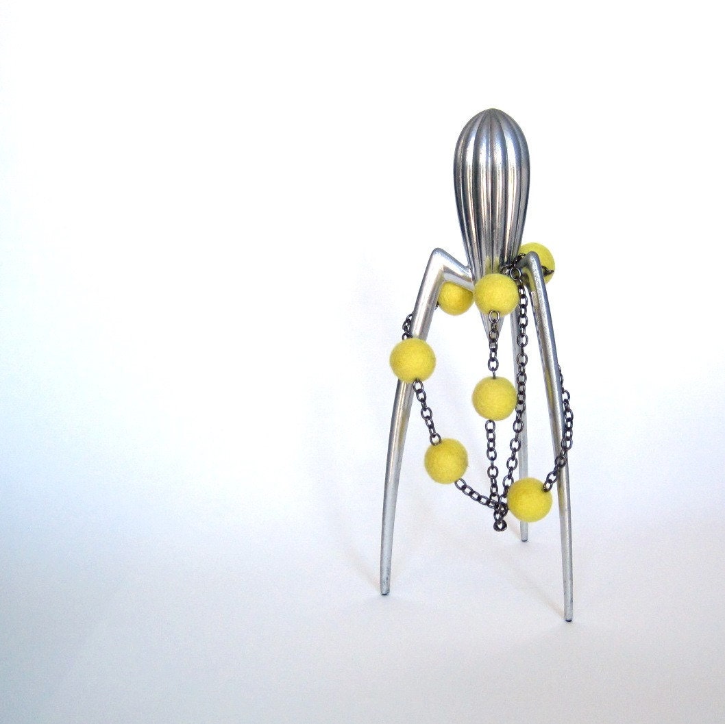 lemon zest felt necklace, felted bead jewelry,  spring fashion, chunky single strand necklace