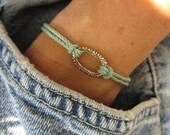 Summery Fresh Turquoise Cotton Rope Friendship Bracelet with Hill Tribe Silver Oval Connector and Sterling Silver Clasp