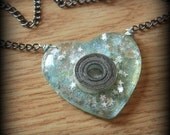BEARING NECKLACE - Stars and Glitter - heart shaped hand cast resin pendant