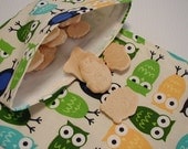 2pc  Owls Reusable Sandwich and Snack Bag Green Blue Yellow