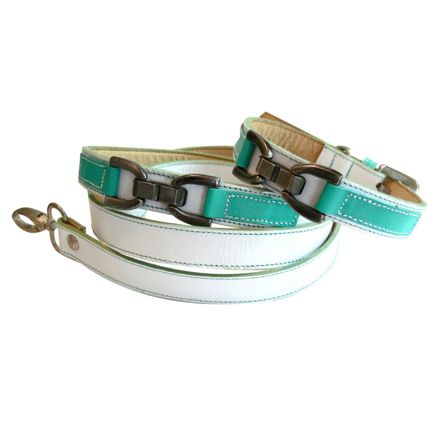 Bello - Leather Dog Collar and Leash Set -  White and Turquoise