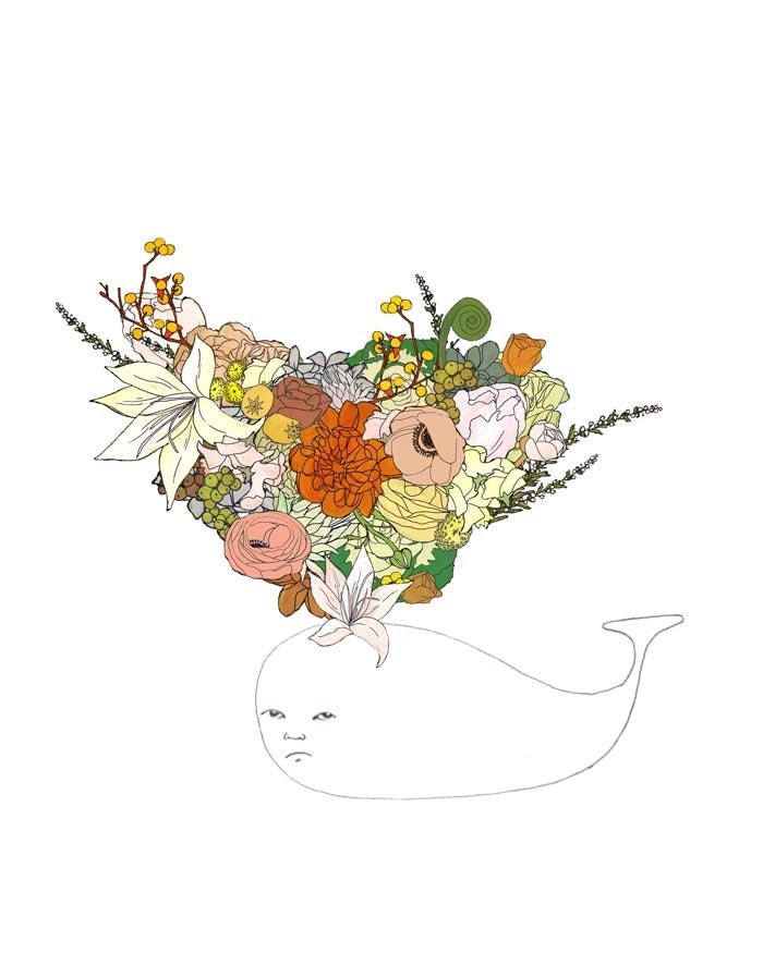 Whale, flowers. 8x10 print