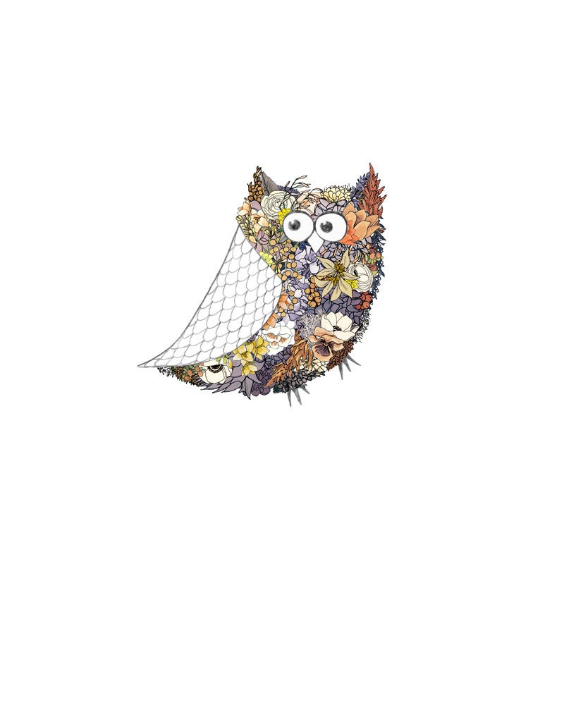 Owl, flowers. 8x10 print