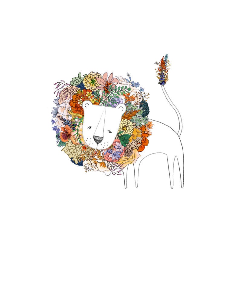Lion, flowers. 8x10 print