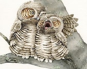 Good Night Owls- 5x7 archival watercolor print by Tracy Lizotte