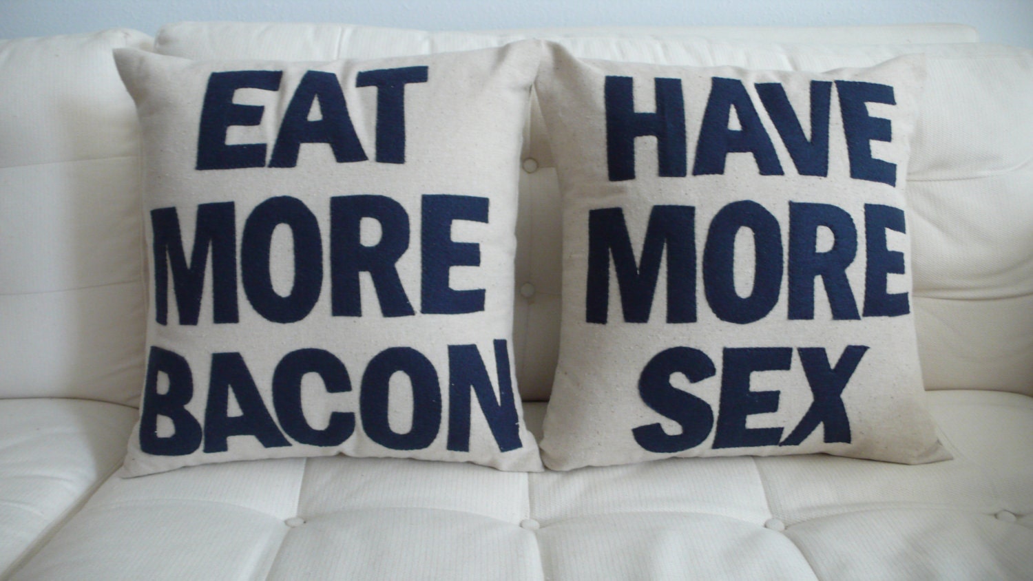 Eat More Bacon and Have More Sex - handmade 16in (41cm) sq appliqued pair of cushions/pillows