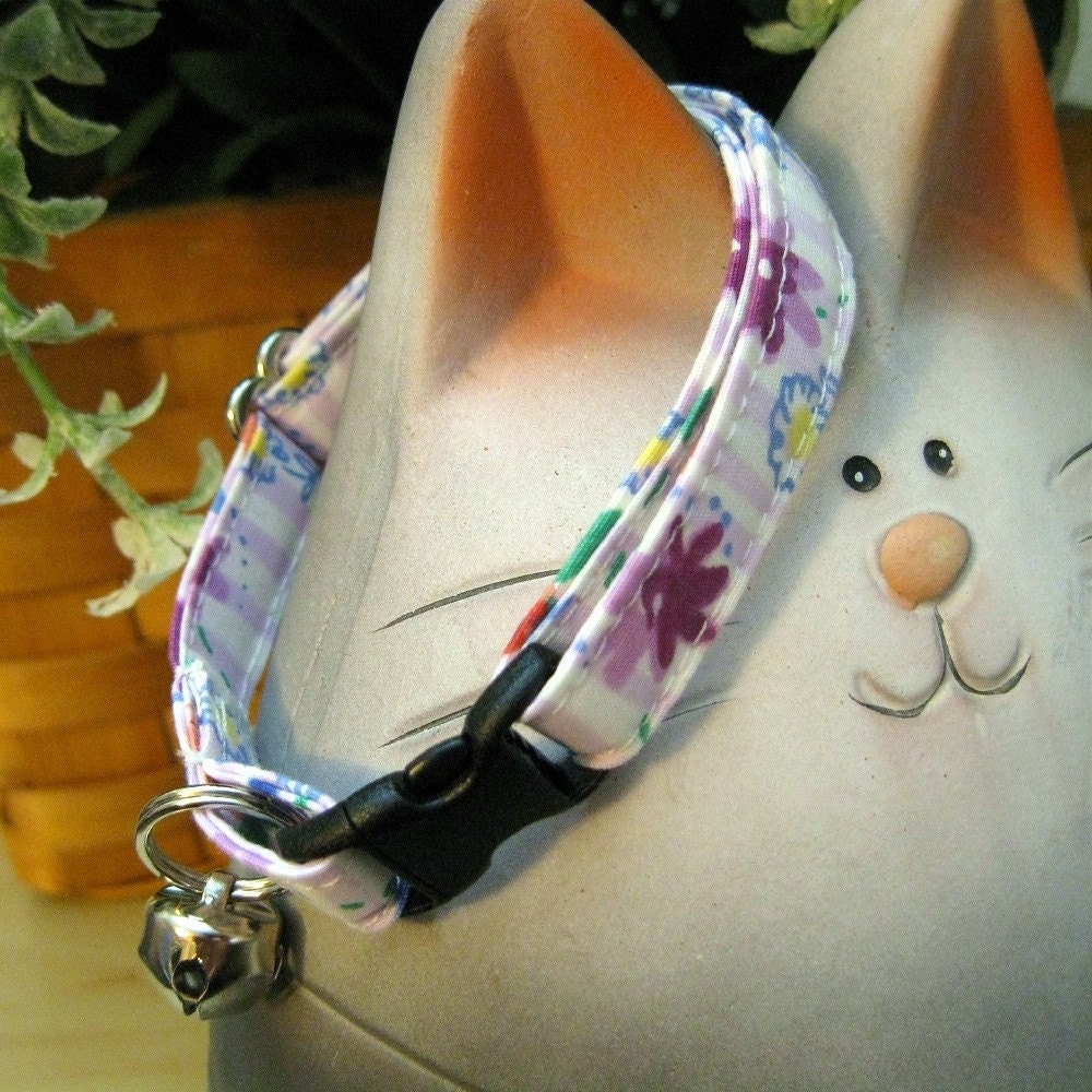 Purple and Red Floral and Stripe Print Fabric Cat Kitten Safety Collar, Adjustable Sizes