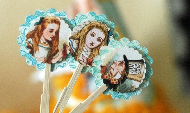 12- Aqua and Cream ALICE IN WONDERLANDCupcake ToppersS