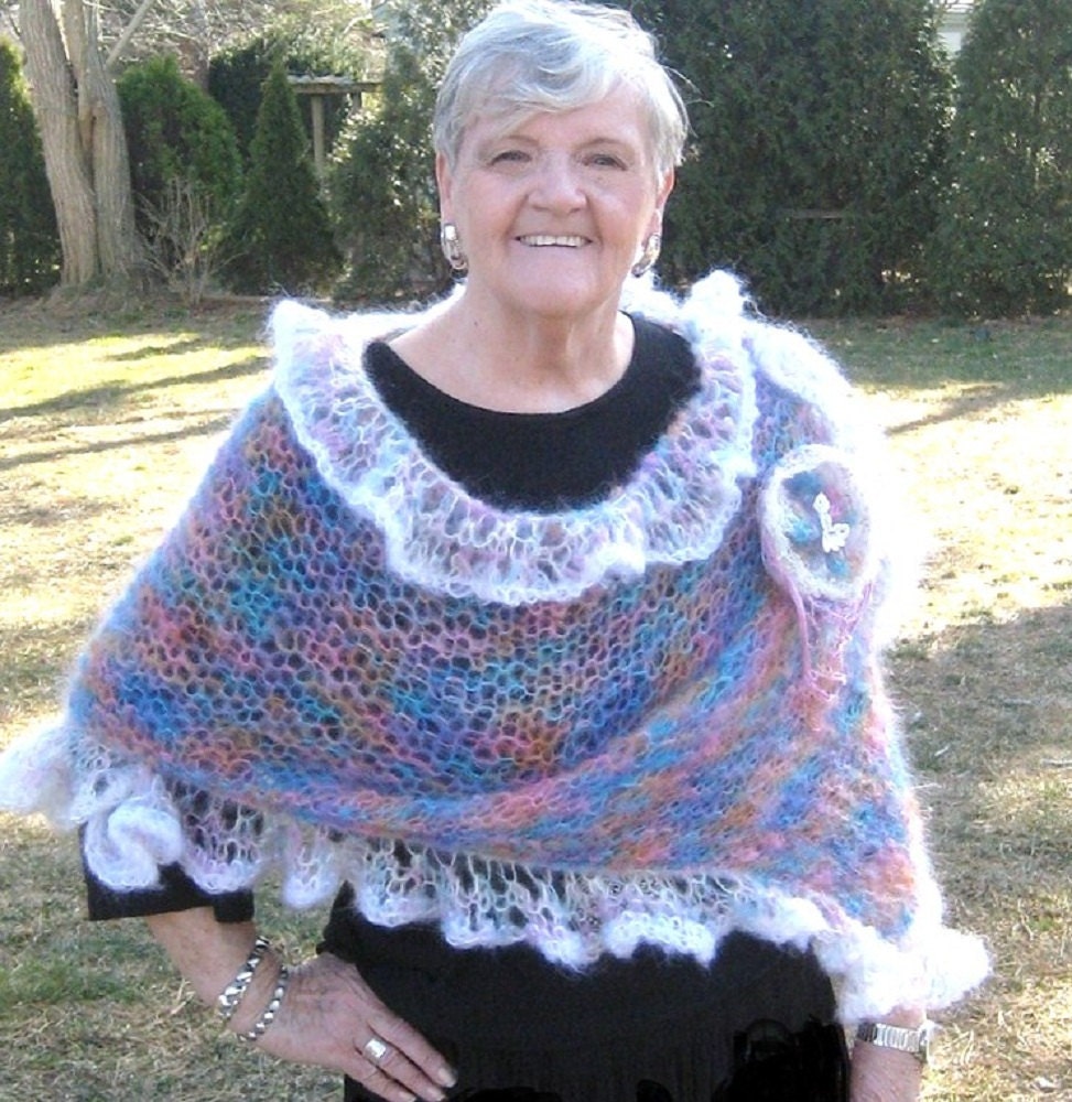 SALE  Handmade Womens Fashion / Knitted Ruffled Shawl Wrap Cape / Perfect for Spring / Gift for her