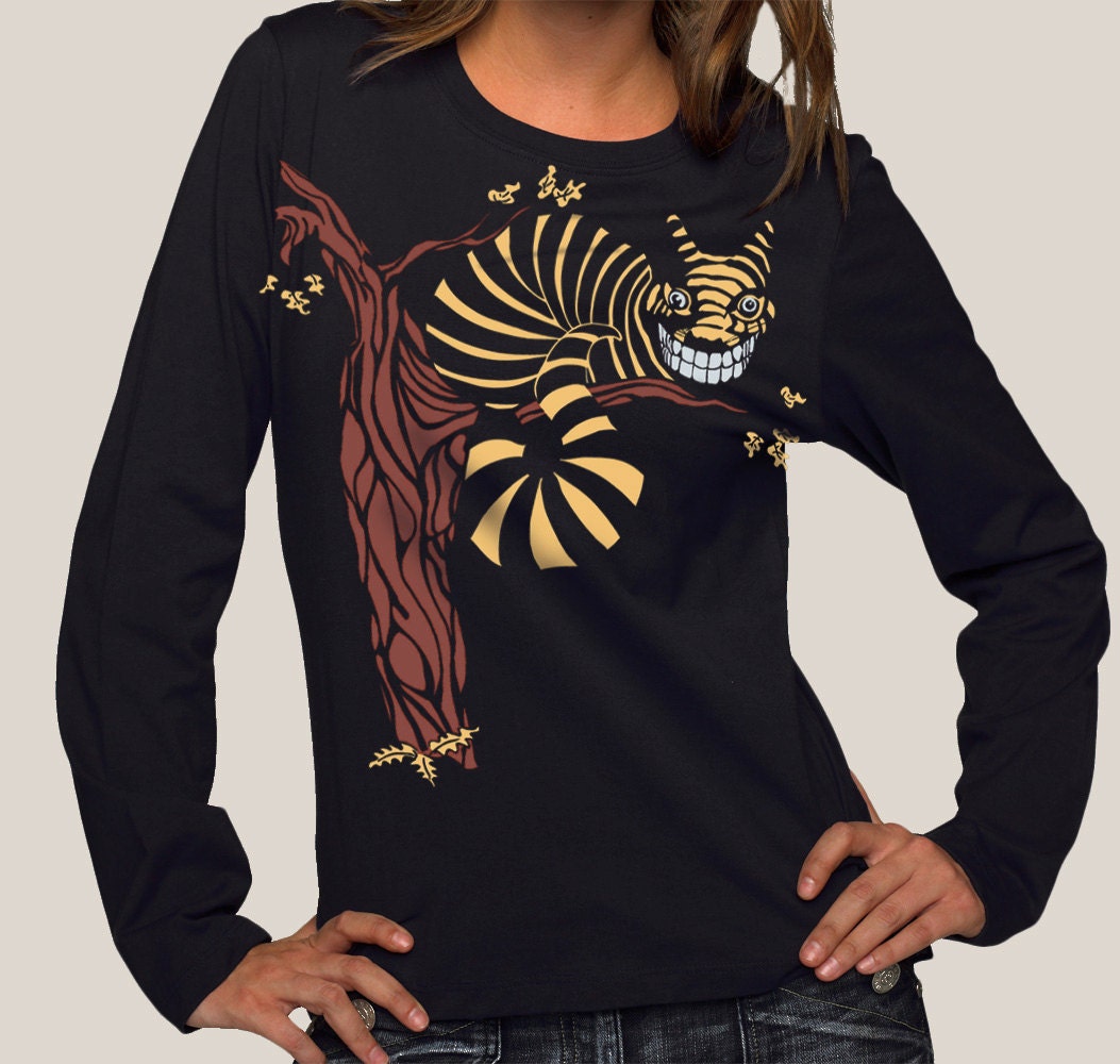 CLEARANCE SALE Cheshire Cat T-shirt, Womens BLACK Long Sleeve t-shirt Cat tshirt