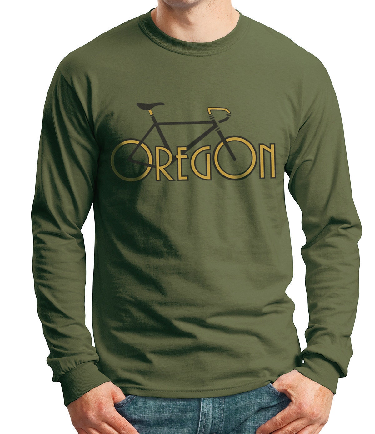 CLEARANCE Men's Long Sleeve t-shirt Oregon Bike T-shirt Olive Green
