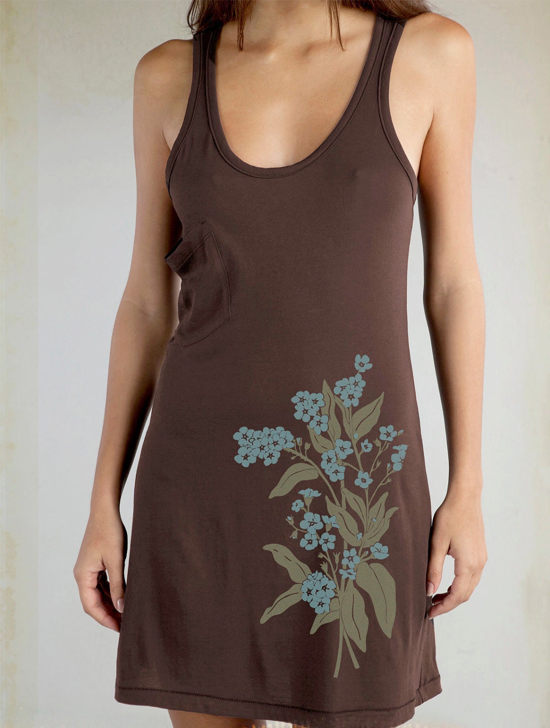 Forget Me Not Brown Tee Dress, Screen Print Flowers, Tunic, T-Shirt
