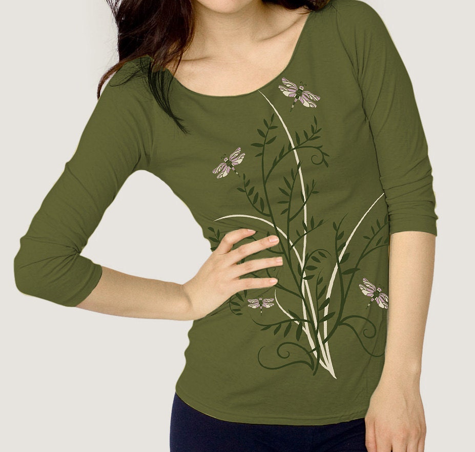 Dragonfy T-Shirt, Womens Floral Olive Green Boat Neck, Ballet neck t-shirt