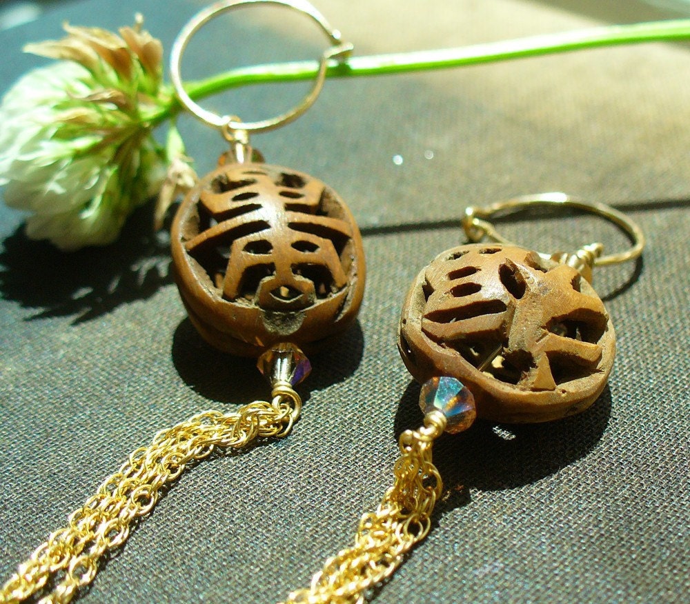 Wood and crystal earrings, Asian inspired
