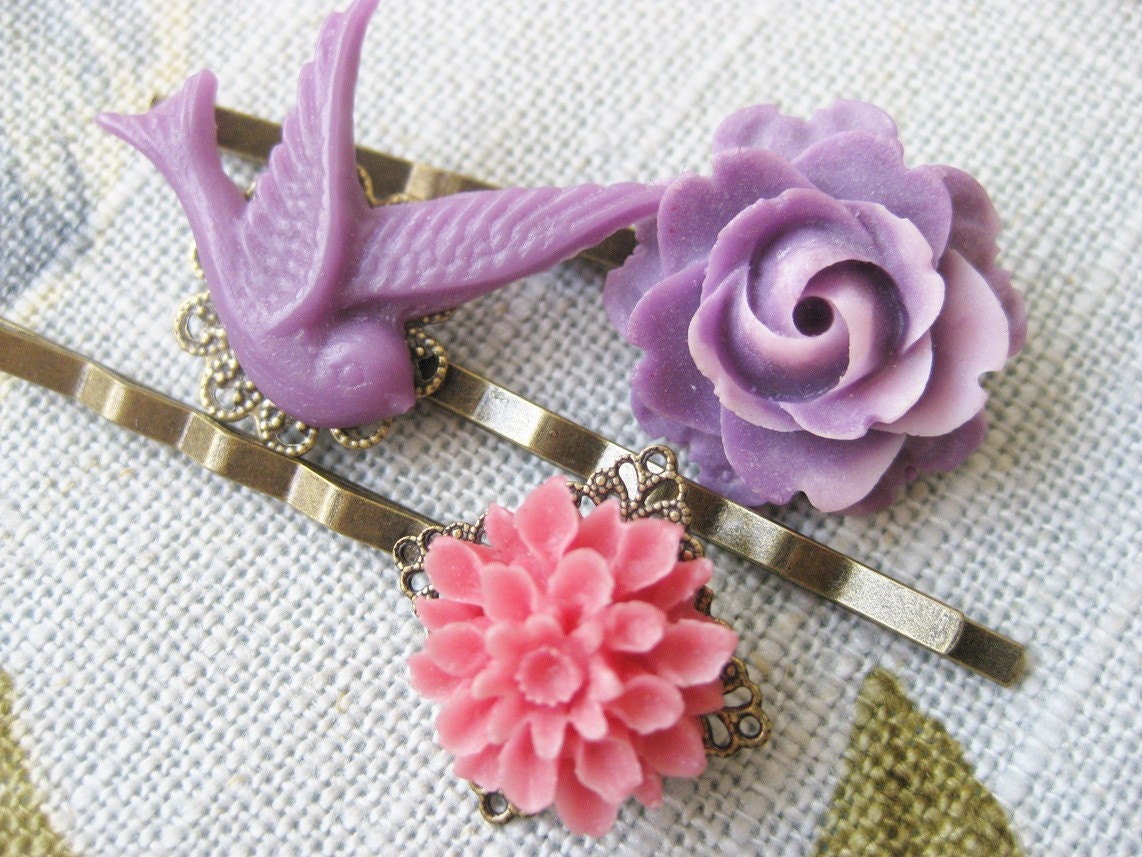 Bird Flower Hair Pins Pink and Purple Bobby Pins
