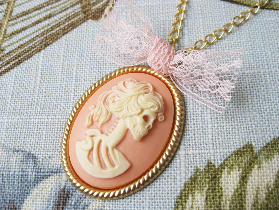 Skeleton Cameo Necklace Lace Bow - Day of the Dead Skull