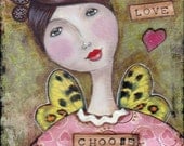 Gemstone Magic Fine Art Print of Mixed Media Painting "Choose Love" Whimsical Winged Girl with Butterflies and Gemstone Crystal Paints