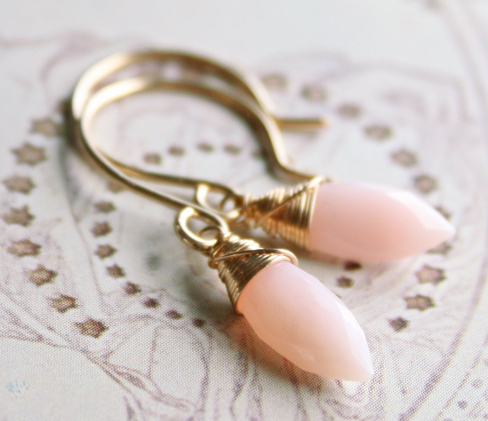 Pink Opal Earrings Gold Wire Wrapped October Birthstone - Lotus Petal earrings