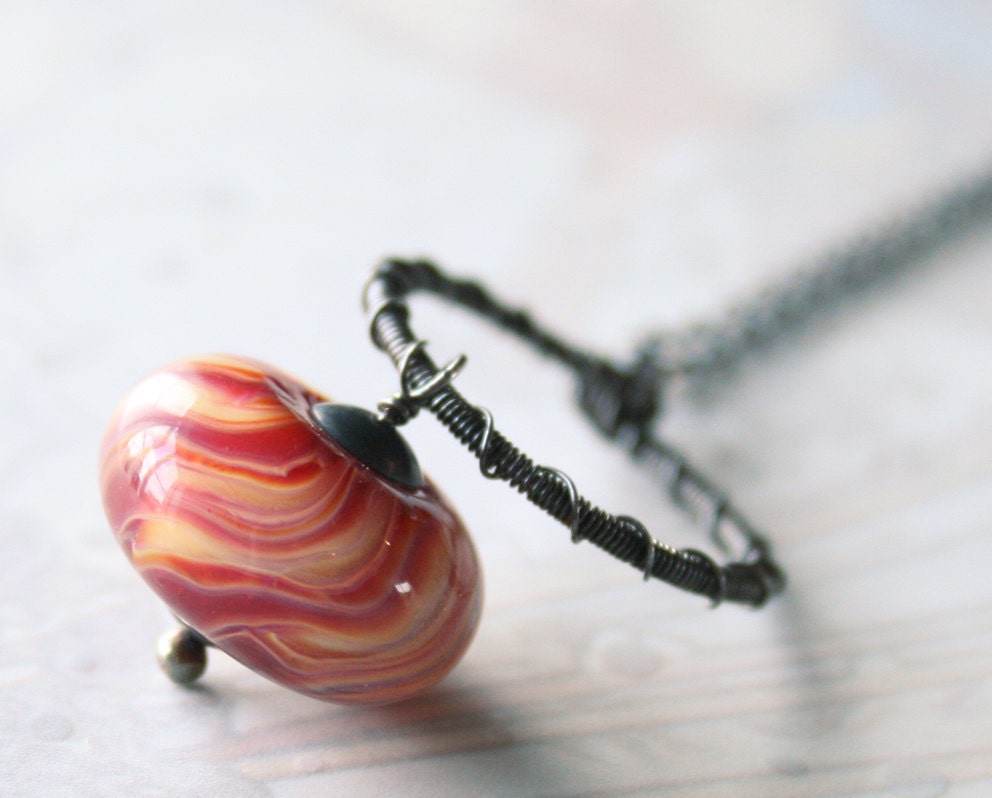 Lampwork Bead Necklace Glass Sterling Silver Wire Wrapped Spiral Circle Red Yellow Swirls Peppermint Candy Cane - Black Friday Sale 10% off - FirebirdJewellery