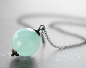 Seafoam Aqua Necklace Sterling Silver Spearmint Green Glass Round Faceted Ball Pendant - FirebirdJewellery