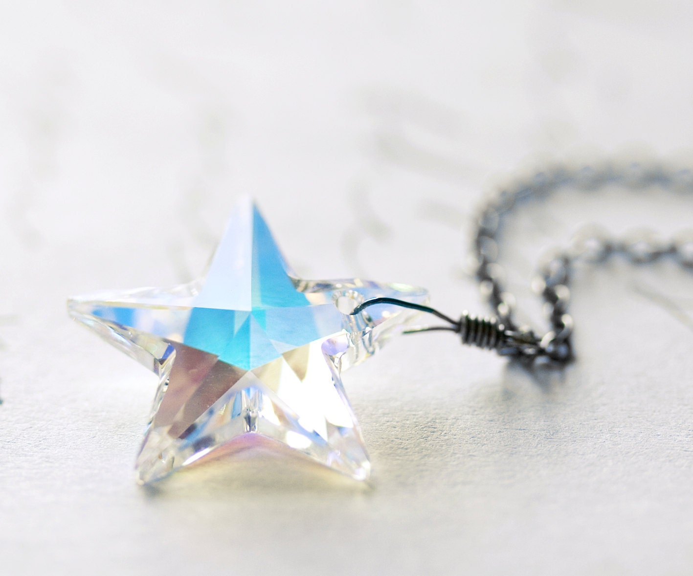 Aurora Crystal Star Necklace Sterling Silver Oxidized Swarovski Clear AB Crystal Pendant
